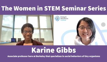 PMB Professor Karine Gibbs and Energy and Biosciences Institute incubator manager Yi Liu are visible in a screenshot of a video. The top bar reads "The Women in STEM Seminar Series" while the bottom has Gibbs' name and speciality.