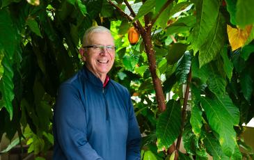 Cacao portrait with green trees