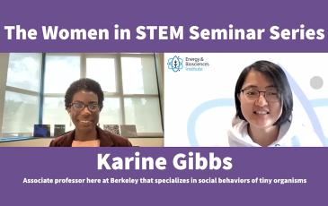PMB Professor Karine Gibbs and Energy and Biosciences Institute incubator manager Yi Liu are visible in a screenshot of a video. The top bar reads "The Women in STEM Seminar Series" while the bottom has Gibbs' name and speciality.