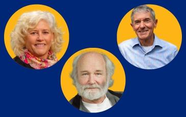 A composite image featuring headshots for of three people