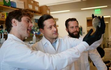 (left to right) Benjamin Rubin, Brady Cress and Spencer Diamond examining a petri dish in the CRISPR lab