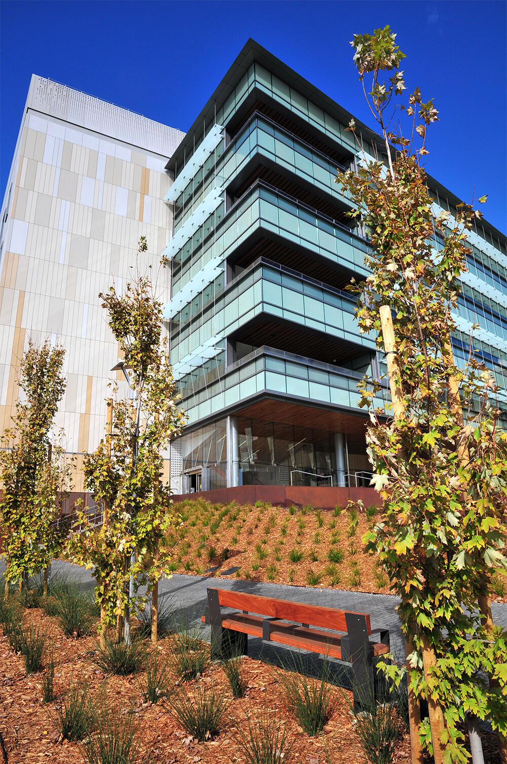 A tall building with a bright blue sky behind it